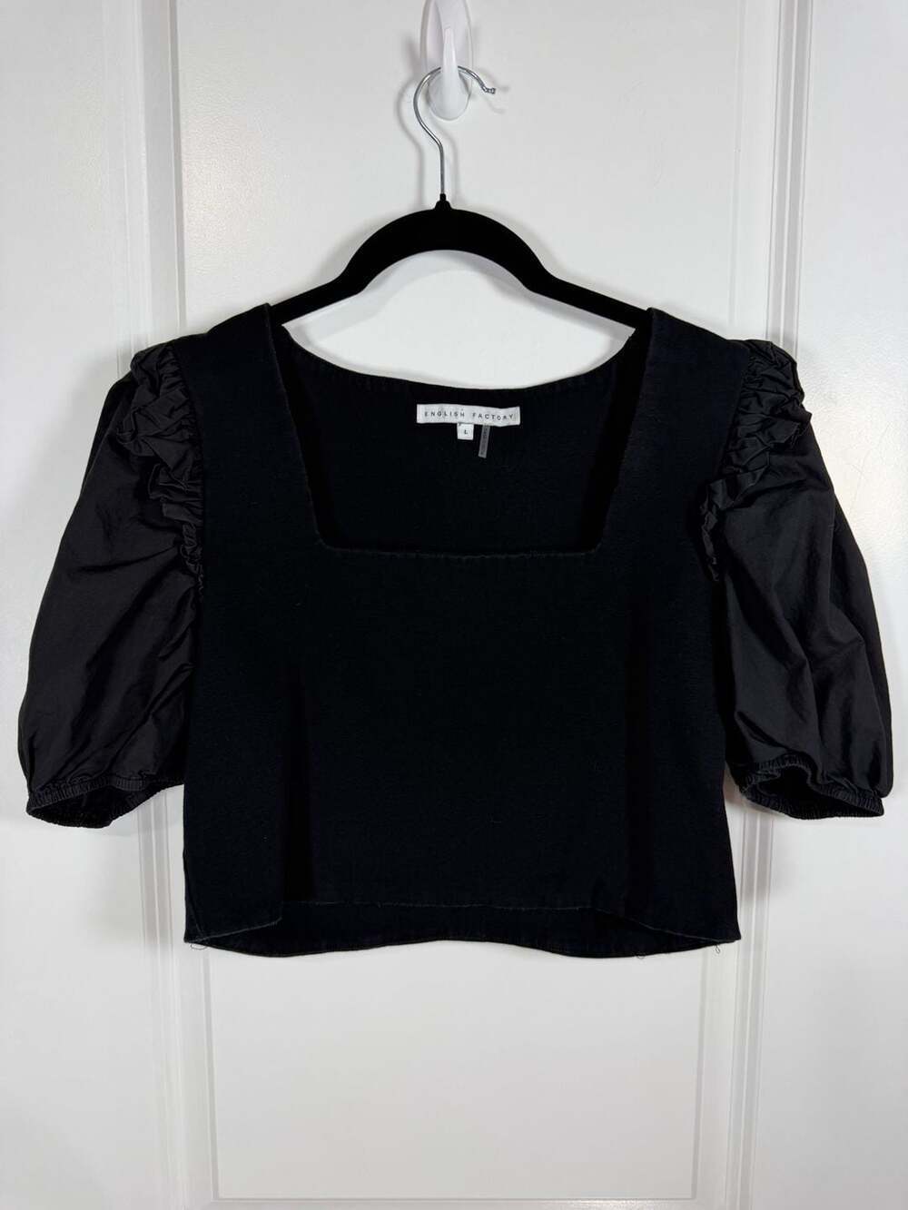 English Factory Mixed Media Square Neck Puff Sleeve Crop Top
